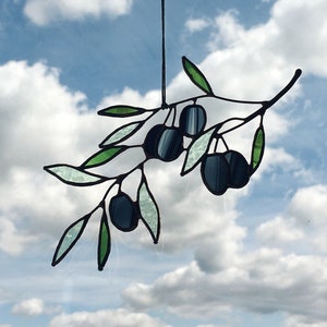 Stained Glass Green Olive Leaf Twig Sprig Branchlet Suncatcher Decor Art Window Wall Hanging Plant Lover Mediterranean Decorations