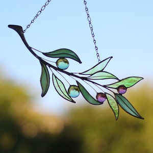 OLIVE branch Suncatcher Stained Glass Art Window hangings Home decor Ornament Gift