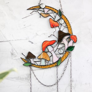Dreamcatcher Moon Mushrooms Cottagecore decor Stained glass Suncatcher mushrooms Wall art decor Handmade gift idea Halloween decor