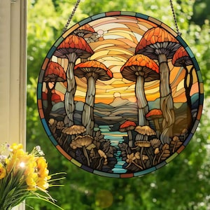Mushroom Forest: Stained Glass Style Window Hanging