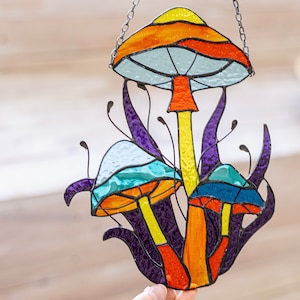 Stained Glass Garden Forest Magic Mushrooms Suncatcher Cottagecore decor Gift Home Art Window Wall Decorations Hanging