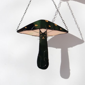 Suncatcher Cat Mushroom Stained Glass Picture Home Cute decor Gift ideas Window Hanging Decor Wall art