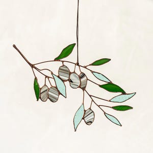 Stained Glass Green Olive Leaf Twig Sprig Branchlet Suncatcher Decor Art Window Wall Hanging Plant Lover Gift Mediterranean Decorations
