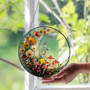 Mushroom Stained Glass Suncatcher – Whimsical Glass Art Decor | Unique Stained Glass Design | Handmade Fungi Suncatcher Set for Windows