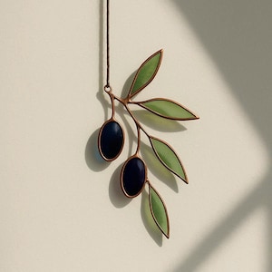 Stained Glass Olive Branch Suncatcher: Handmade Mediterranean Window Decor