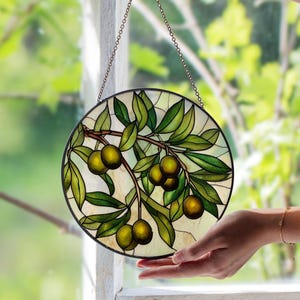 Olive Branch Stained Glass Window Suncatcher – Peace Symbol Glass Sun Catcher, Unique Botanical Window Art for Home, Kitchen, Garden Décor