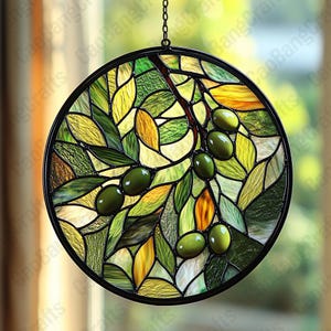 Olive Branch Stained Glass, Window Hanging Decor, Kitchen Suncatcher Decor, Italian Suncatcher, Bar Cart Decor, Olive Home Decor
