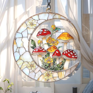 Mushroom Moon Acrylic Suncatcher – Faux Stained Glass Window Hanging With Wildflowers – Cottagecore Forest Decor Gift