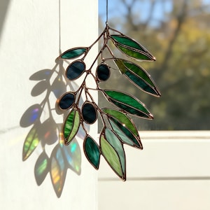 Olive Leaf Stained Glass Suncatcher - Botanical Window Hanging