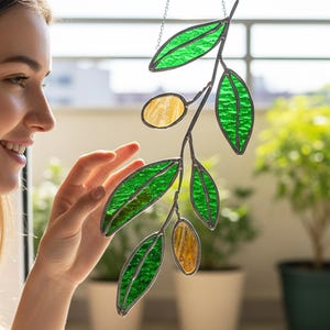 Personalized Olive Twig Stained Glass Suncatcher, Handmade Green Leaf Window Hanging