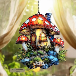 Enchanted Mushroom Acrylic Suncatcher,Faux Stained Glass Mushroom Hanging Fairy House Cottagecore Decor, Whimsical Woodland Window Art
