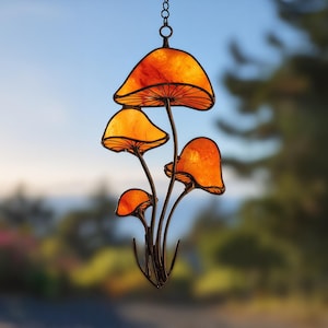Stained Mushroom Suncatcher Orange Window Hanging Cottagecore Forest Sun Catcher Nature Home Decor Gift