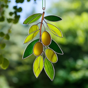 Stained Glass Olive Branch Suncatcher, Handmade Botanical Window Hanging, Olive Leaf & Fruit Glass Art, Mediterranean Home Decor Gift