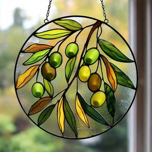 Olive Branch Stained Glass, Window Hanging Decor, Kitchen Suncatcher Decor, Italian Suncatcher, Bar Cart Decor, Olive Home Decor