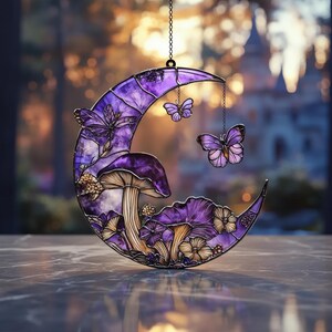 Purple Stained Glass Moon Suncatcher With Mushroom & Butterfly, Faux Stained Glass Window Hanging, Boho Goth Room Decor Gift