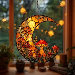 Enchanted Crescent Moon Suncatcher with Mushrooms and Flowers, Acrylic Hanging Art for Fairycore or Cottagecore Room Decor