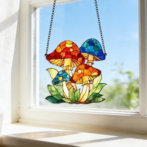 Mushroom Suncatcher, Acrylic Mushrooms Cottagecore Home Decor, Faux Stained Glass Window Hanging, Mushrooms Hanging Art, Gift for Grandma