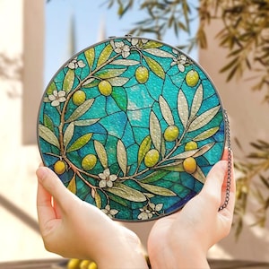 Stained Glass Olive Branch Suncatcher, Mediterranean Botanical Window Decor