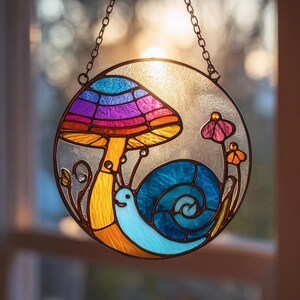 Snail And Mushroom Stained Glass Suncatcher Round Woodland Window Hanging Decor