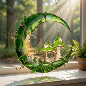 Mushroom Moon Window Suncatcher: Acrylic Stained Glass Style Fantasy Decoration