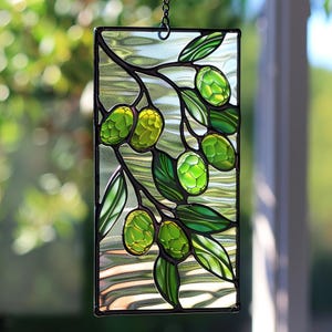 Olive Branch Stained Glass Panel, Mediterranean Botanical Suncatcher, Kitchen Window Hanging