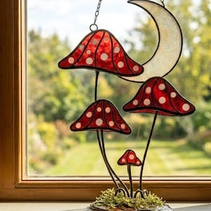 Stained Glass Mushroom Suncatcher, Crescent Moon Window Hanging, Cottagecore Fairy Decor