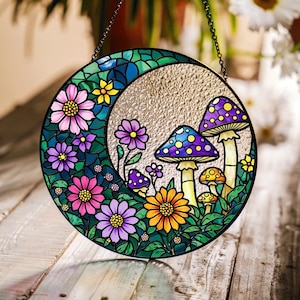 Mushroom Suncatcher, Cottagecore Window Hanging, Fairy Garden Stained Glass Decor, Colorful Fantasy Home Decor
